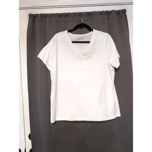 Coral Bay Petite White V-Neck Studded Embellished Short Sleeve Tee Shirt PXL